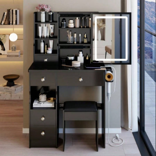 29.2 Small Size Left Drawer Desktop Vanity Table+ Cushioned Stool, 2 AC+2 USB Power Station, Hair dryer bracket, Large Control Sliding LED Mirror, Tri - color Switching, Brightness Adjust