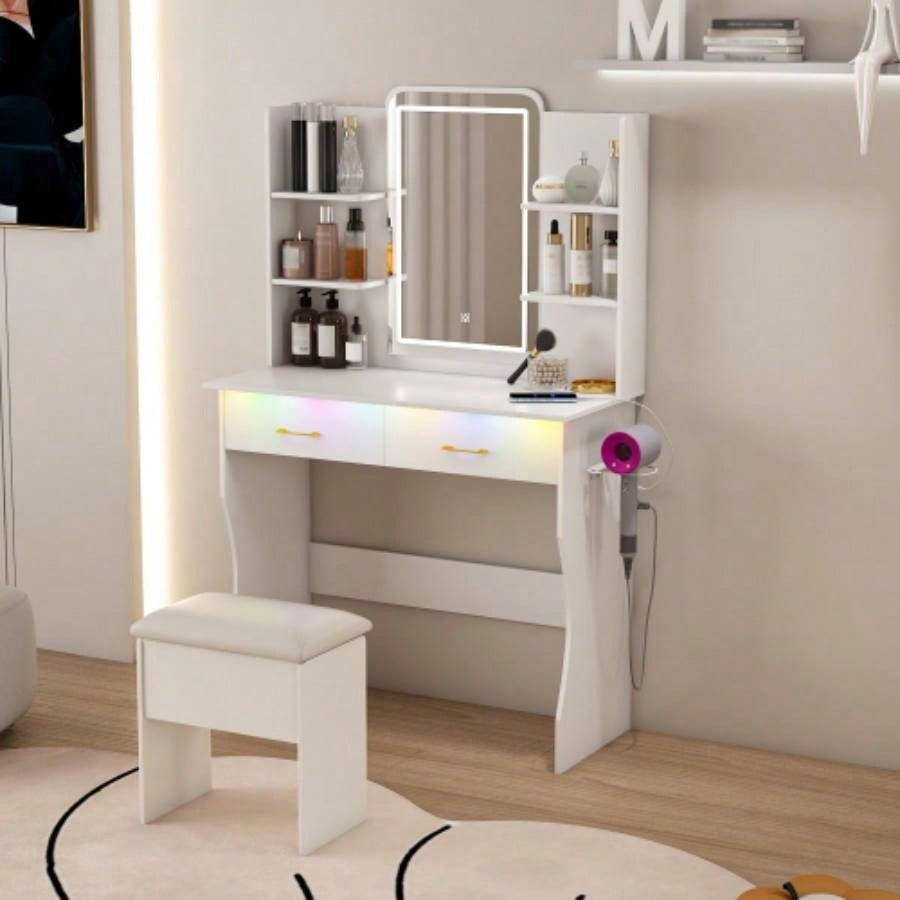 Vanity Desk with LED Lights Mirror Power Outlet, Vanity Table Set with Storage Drawers Chair, 3 Lighting Modes Led RGB Adjustable Brightness, Dressing Table Women Girls Bedroom, White