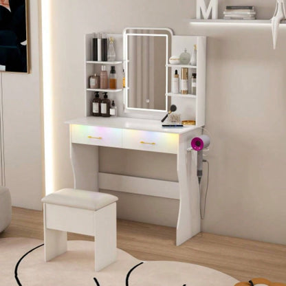 Vanity Desk with LED Lights Mirror Power Outlet, Vanity Table Set with Storage Drawers Chair, 3 Lighting Modes Led RGB Adjustable Brightness, Dressing Table Women Girls Bedroom, White