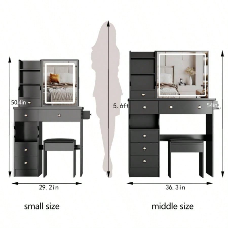 29.2 Small Size Left Drawer Desktop Vanity Table+ Cushioned Stool, 2 AC+2 USB Power Station, Hair dryer bracket, Large Control Sliding LED Mirror, Tri - color Switching, Brightness Adjust
