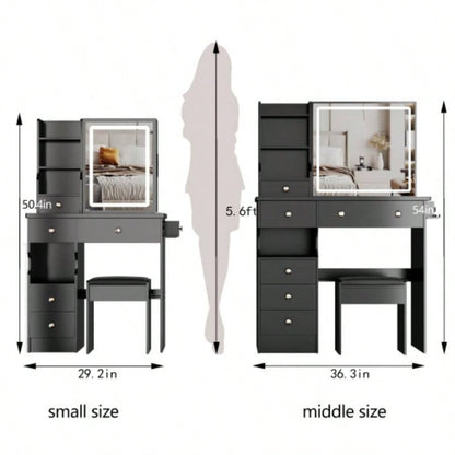 29.2 Small Size Left Drawer Desktop Vanity Table+ Cushioned Stool, 2 AC+2 USB Power Station, Hair dryer bracket, Large Control Sliding LED Mirror, Tri - color Switching, Brightness Adjust