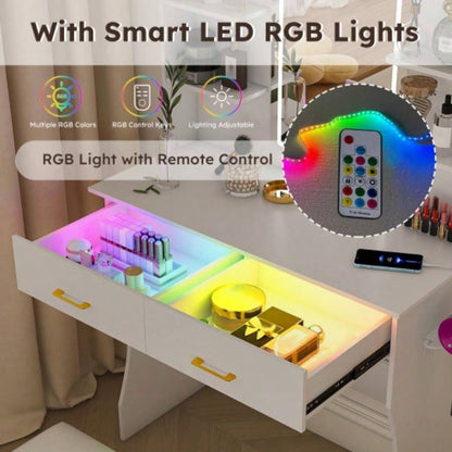 Vanity Desk with LED Lights Mirror Power Outlet, Vanity Table Set with Storage Drawers Chair, 3 Lighting Modes Led RGB Adjustable Brightness, Dressing Table Women Girls Bedroom, White