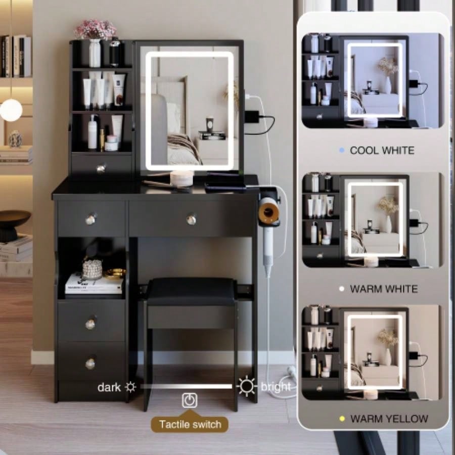 29.2 Small Size Left Drawer Desktop Vanity Table+ Cushioned Stool, 2 AC+2 USB Power Station, Hair dryer bracket, Large Control Sliding LED Mirror, Tri - color Switching, Brightness Adjust