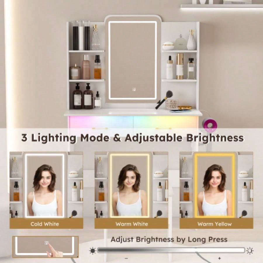 Vanity Desk with LED Lights Mirror Power Outlet, Vanity Table Set with Storage Drawers Chair, 3 Lighting Modes Led RGB Adjustable Brightness, Dressing Table Women Girls Bedroom, White