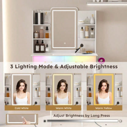 Vanity Desk with LED Lights Mirror Power Outlet, Vanity Table Set with Storage Drawers Chair, 3 Lighting Modes Led RGB Adjustable Brightness, Dressing Table Women Girls Bedroom, White