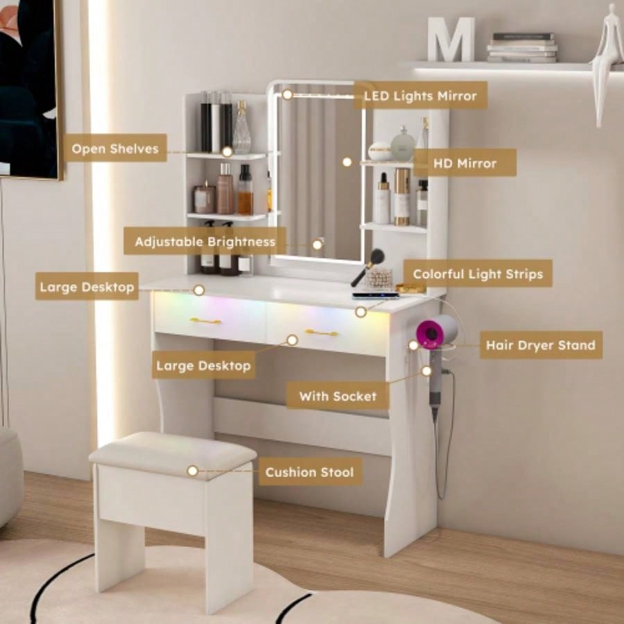 Vanity Desk with LED Lights Mirror Power Outlet, Vanity Table Set with Storage Drawers Chair, 3 Lighting Modes Led RGB Adjustable Brightness, Dressing Table Women Girls Bedroom, White