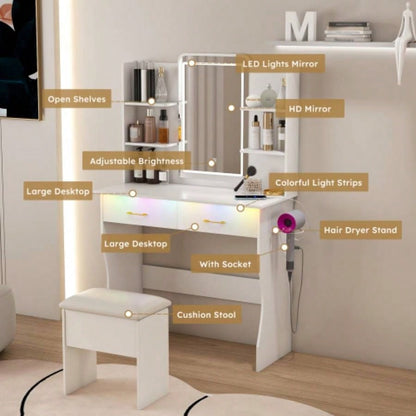 Vanity Desk with LED Lights Mirror Power Outlet, Vanity Table Set with Storage Drawers Chair, 3 Lighting Modes Led RGB Adjustable Brightness, Dressing Table Women Girls Bedroom, White