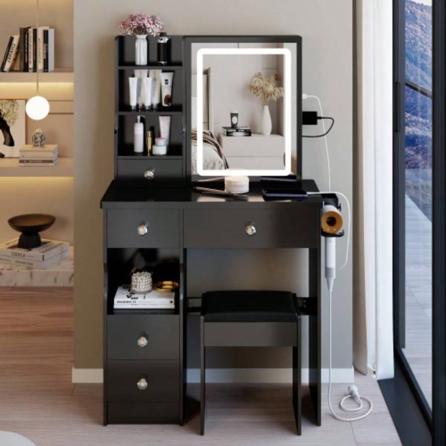 29.2 Small Size Left Drawer Desktop Vanity Table+ Cushioned Stool, 2 AC+2 USB Power Station, Hair dryer bracket, Large Control Sliding LED Mirror, Tri - color Switching, Brightness Adjust