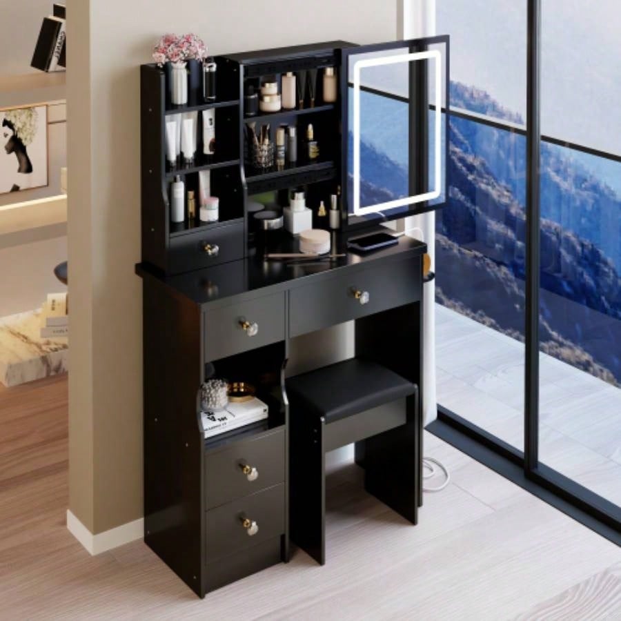 29.2 Small Size Left Drawer Desktop Vanity Table+ Cushioned Stool, 2 AC+2 USB Power Station, Hair dryer bracket, Large Control Sliding LED Mirror, Tri - color Switching, Brightness Adjust