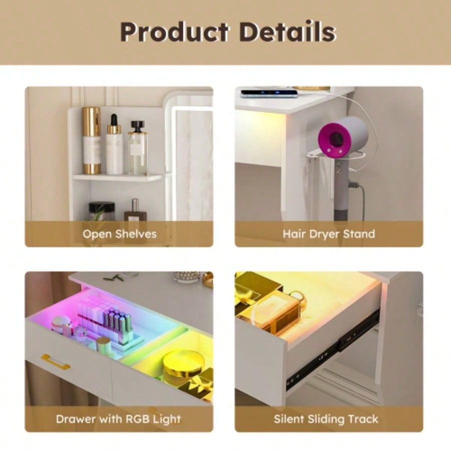 Vanity Desk with LED Lights Mirror Power Outlet, Vanity Table Set with Storage Drawers Chair, 3 Lighting Modes Led RGB Adjustable Brightness, Dressing Table Women Girls Bedroom, White