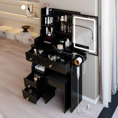 29.2 Small Size Left Drawer Desktop Vanity Table+ Cushioned Stool, 2 AC+2 USB Power Station, Hair dryer bracket, Large Control Sliding LED Mirror, Tri - color Switching, Brightness Adjust