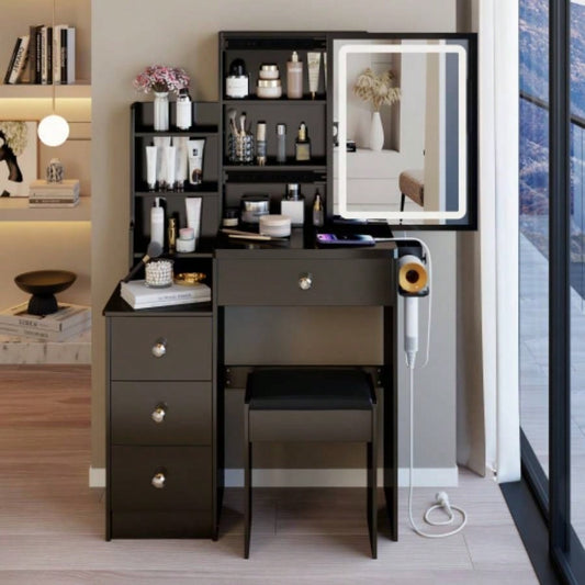 29.2 Small Size Left Bedside Cabinet Vanity Table+ Cushioned Stool, 2 AC+2 USB Power Station, Hair dryer bracket, Large Control Sliding LED Mirror, Tri - color Switching, Brightness Adjust