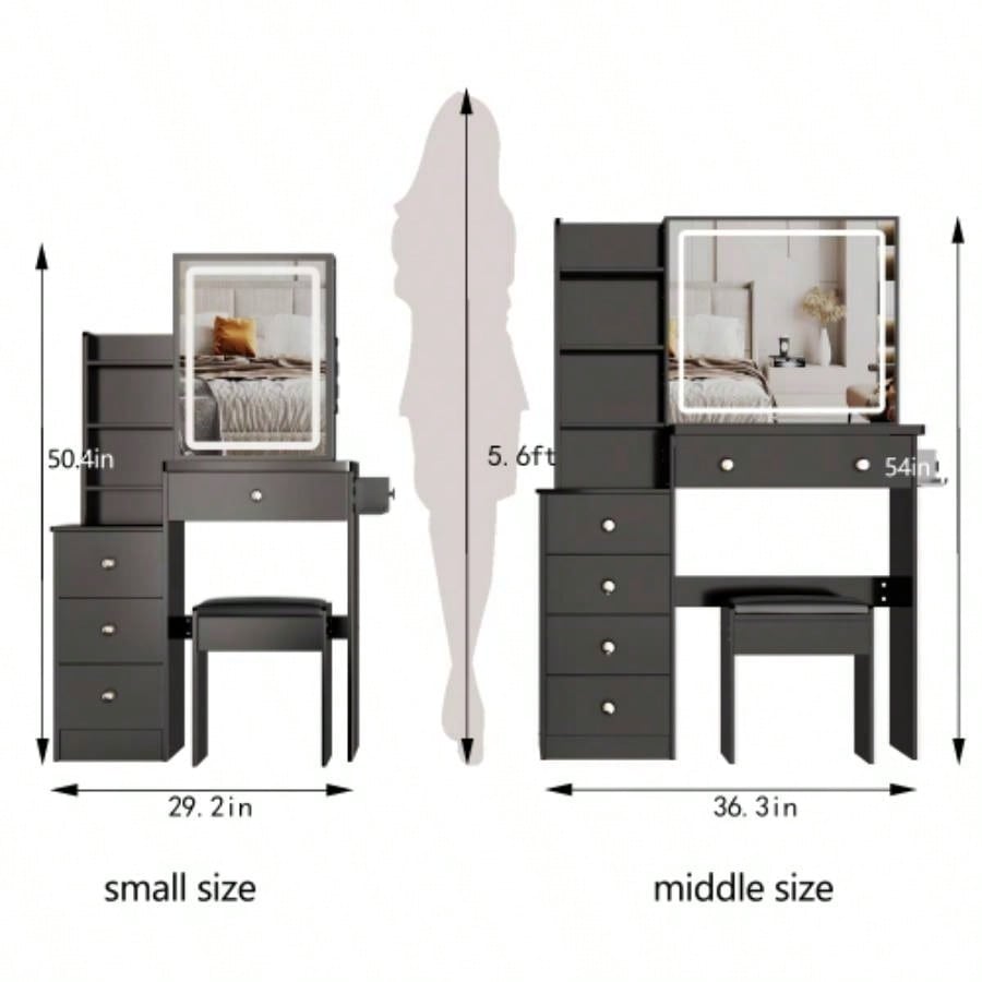 29.2 Small Size Left Bedside Cabinet Vanity Table+ Cushioned Stool, 2 AC+2 USB Power Station, Hair dryer bracket, Large Control Sliding LED Mirror, Tri - color Switching, Brightness Adjust