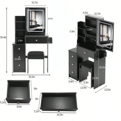 29.2 Small Size Left Bedside Cabinet Vanity Table+ Cushioned Stool, 2 AC+2 USB Power Station, Hair dryer bracket, Large Control Sliding LED Mirror, Tri - color Switching, Brightness Adjust