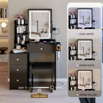29.2 Small Size Left Bedside Cabinet Vanity Table+ Cushioned Stool, 2 AC+2 USB Power Station, Hair dryer bracket, Large Control Sliding LED Mirror, Tri - color Switching, Brightness Adjust