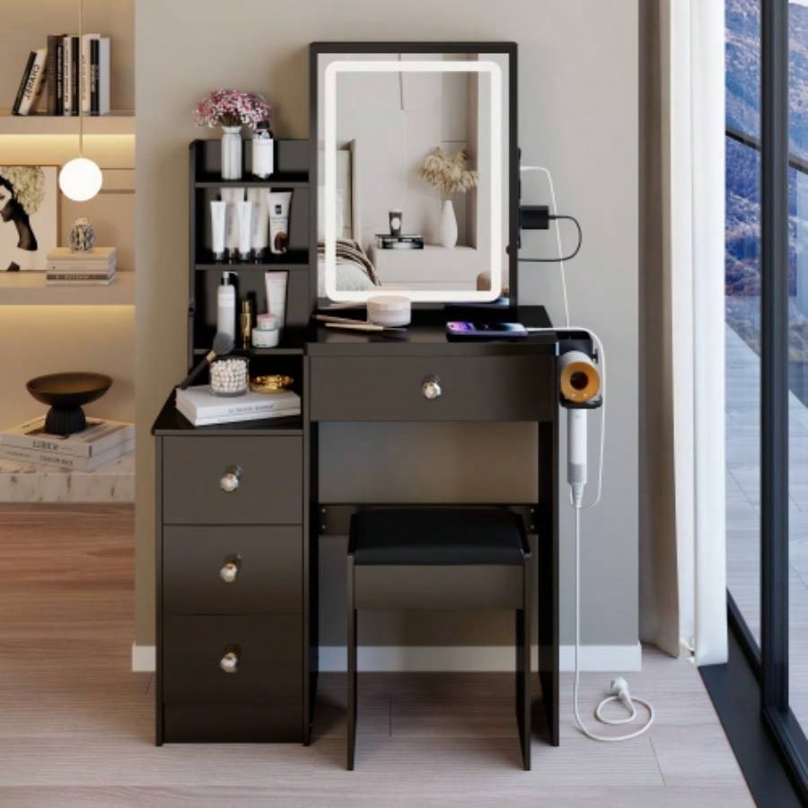 29.2 Small Size Left Bedside Cabinet Vanity Table+ Cushioned Stool, 2 AC+2 USB Power Station, Hair dryer bracket, Large Control Sliding LED Mirror, Tri - color Switching, Brightness Adjust