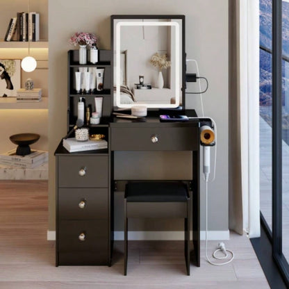 29.2 Small Size Left Bedside Cabinet Vanity Table+ Cushioned Stool, 2 AC+2 USB Power Station, Hair dryer bracket, Large Control Sliding LED Mirror, Tri - color Switching, Brightness Adjust