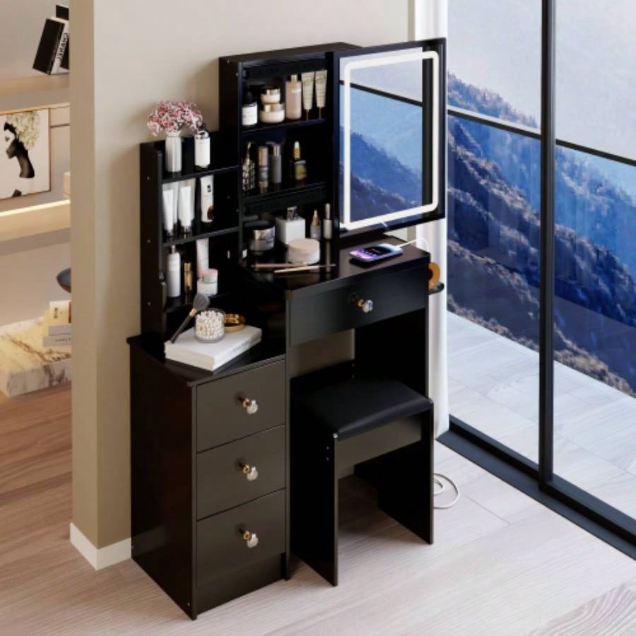 29.2 Small Size Left Bedside Cabinet Vanity Table+ Cushioned Stool, 2 AC+2 USB Power Station, Hair dryer bracket, Large Control Sliding LED Mirror, Tri - color Switching, Brightness Adjust