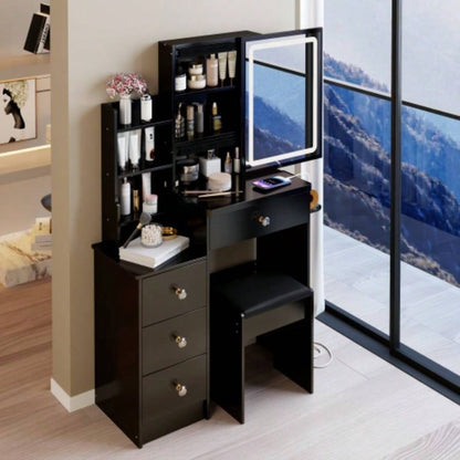 29.2 Small Size Left Bedside Cabinet Vanity Table+ Cushioned Stool, 2 AC+2 USB Power Station, Hair dryer bracket, Large Control Sliding LED Mirror, Tri - color Switching, Brightness Adjust
