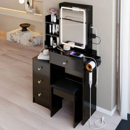 29.2 Small Size Left Bedside Cabinet Vanity Table+ Cushioned Stool, 2 AC+2 USB Power Station, Hair dryer bracket, Large Control Sliding LED Mirror, Tri - color Switching, Brightness Adjust