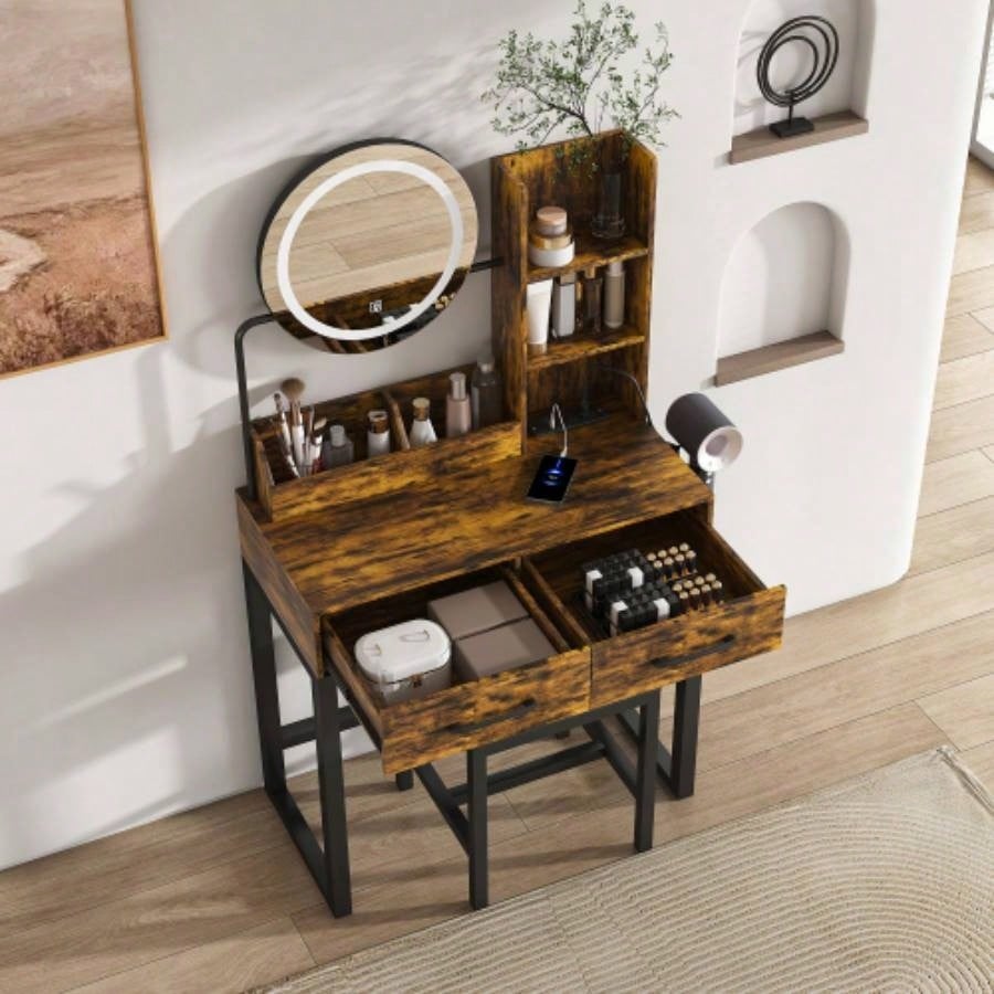 Makeup Vanity with LED Lights3 Color and Power Outlet Makeup Vanity Table with 2 big Drawers with Sturdy Metal Leg and Metal Chair, Dressing Table Bedroom Dressing Room brown