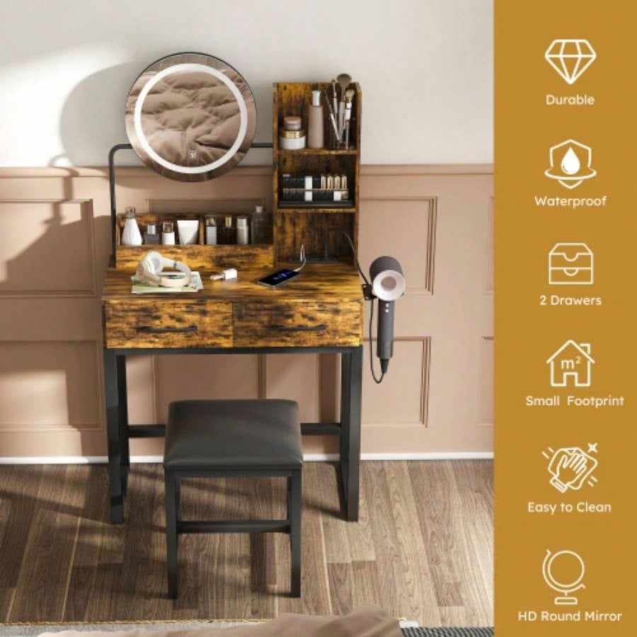 Makeup Vanity with LED Lights3 Color and Power Outlet Makeup Vanity Table with 2 big Drawers with Sturdy Metal Leg and Metal Chair, Dressing Table Bedroom Dressing Room brown