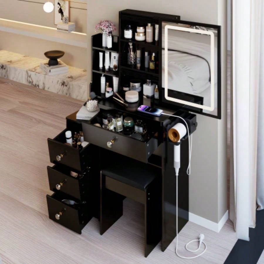 29.2 Small Size Left Bedside Cabinet Vanity Table+ Cushioned Stool, 2 AC+2 USB Power Station, Hair dryer bracket, Large Control Sliding LED Mirror, Tri - color Switching, Brightness Adjust