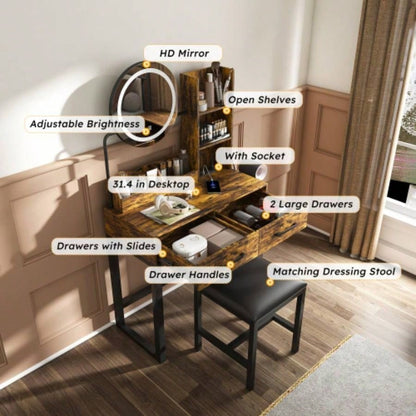 Makeup Vanity with LED Lights3 Color and Power Outlet Makeup Vanity Table with 2 big Drawers with Sturdy Metal Leg and Metal Chair, Dressing Table Bedroom Dressing Room brown