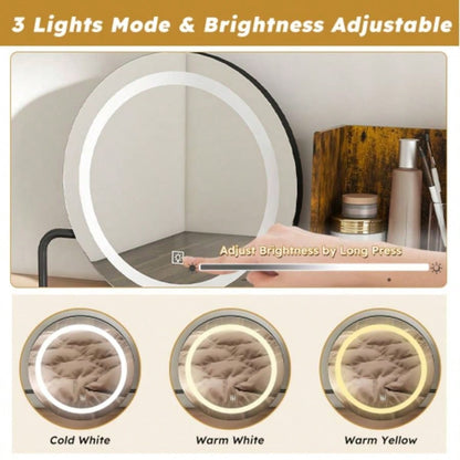 Makeup Vanity with LED Lights3 Color and Power Outlet Makeup Vanity Table with 2 big Drawers with Sturdy Metal Leg and Metal Chair, Dressing Table Bedroom Dressing Room brown