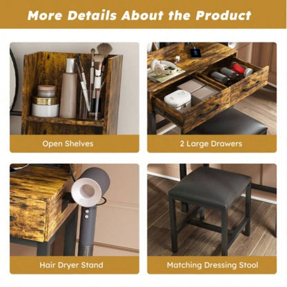 Makeup Vanity with LED Lights3 Color and Power Outlet Makeup Vanity Table with 2 big Drawers with Sturdy Metal Leg and Metal Chair, Dressing Table Bedroom Dressing Room brown