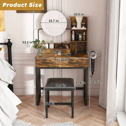 Makeup Vanity with LED Lights3 Color and Power Outlet Makeup Vanity Table with 2 big Drawers with Sturdy Metal Leg and Metal Chair, Dressing Table Bedroom Dressing Room brown