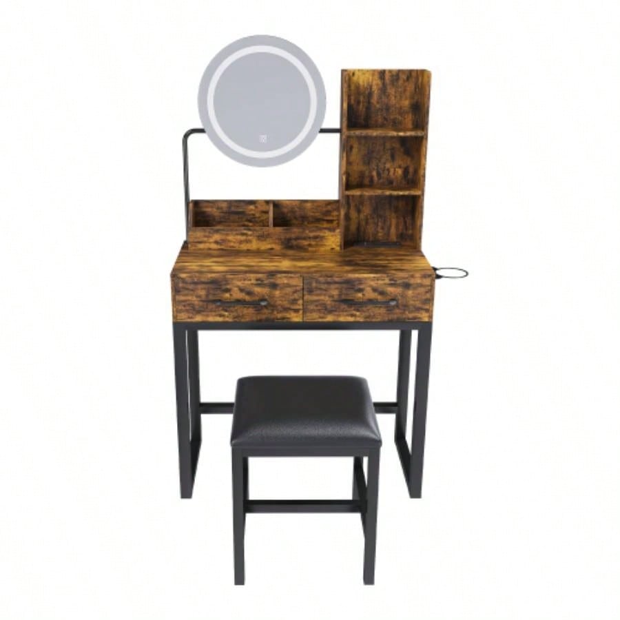 Makeup Vanity with LED Lights3 Color and Power Outlet Makeup Vanity Table with 2 big Drawers with Sturdy Metal Leg and Metal Chair, Dressing Table Bedroom Dressing Room brown
