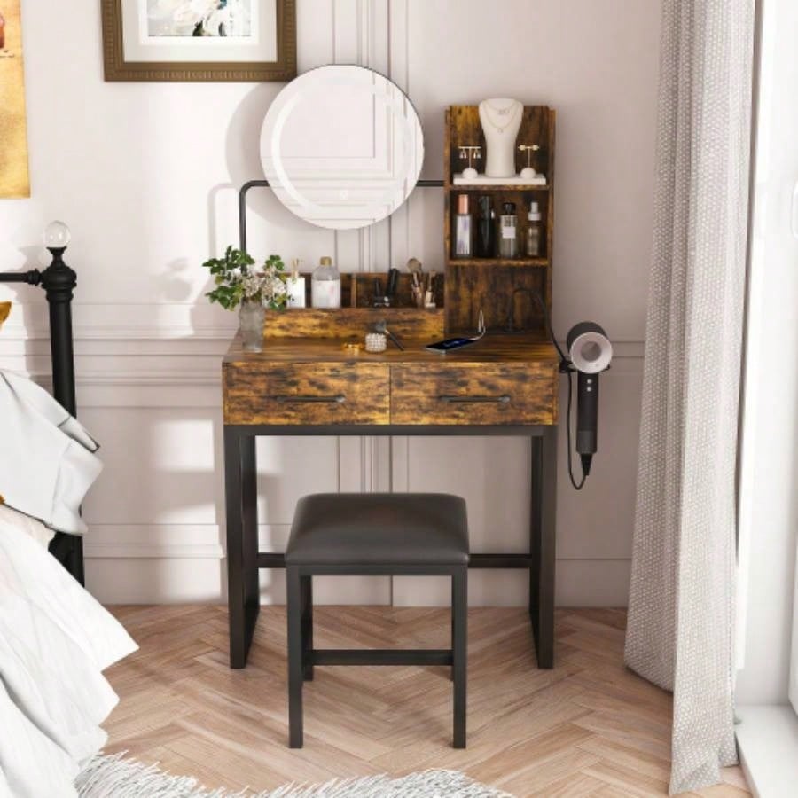 Makeup Vanity with LED Lights3 Color and Power Outlet Makeup Vanity Table with 2 big Drawers with Sturdy Metal Leg and Metal Chair, Dressing Table Bedroom Dressing Room brown