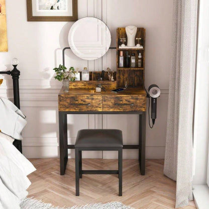 Makeup Vanity with LED Lights3 Color and Power Outlet Makeup Vanity Table with 2 big Drawers with Sturdy Metal Leg and Metal Chair, Dressing Table Bedroom Dressing Room brown