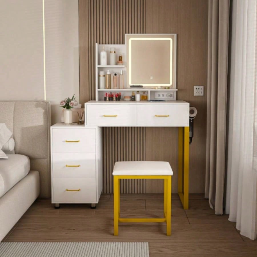 Makeup Vanity with LED Lights3 Color and Power Outlet Makeup Vanity Table with 2 big Drawers with Sturdy Metal Leg and Metal Chair, Dressing Table Bedroom Dressing Room brown