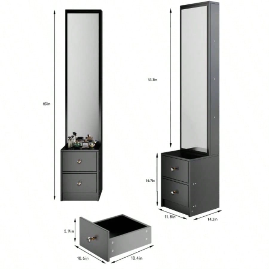 Length 11.8x Width 15. Height 63 Simple Stylish Dressing Mirror Cabinet, Full Body Mirror Cabinet, Large Mirror, Multi Layer High Capacity Storage, Use Alone or In Conjunction With Vanity