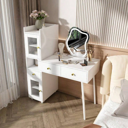 Vanity Dressing Table with LED Mirror Storage - White Makeup Desk Features 3 Drawers, 2 Open Shelves 4 Hidden Cabinets Transparent Doors - 3 Adjustable Lighting Modes - Bedroom or Livi