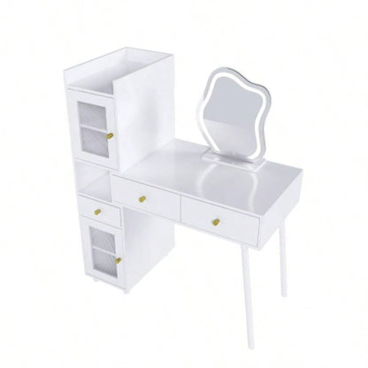Vanity Dressing Table with LED Mirror Storage - White Makeup Desk Features 3 Drawers, 2 Open Shelves 4 Hidden Cabinets Transparent Doors - 3 Adjustable Lighting Modes - Bedroom or Livi