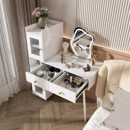 Vanity Dressing Table with LED Mirror Storage - White Makeup Desk Features 3 Drawers, 2 Open Shelves 4 Hidden Cabinets Transparent Doors - 3 Adjustable Lighting Modes - Bedroom or Livi