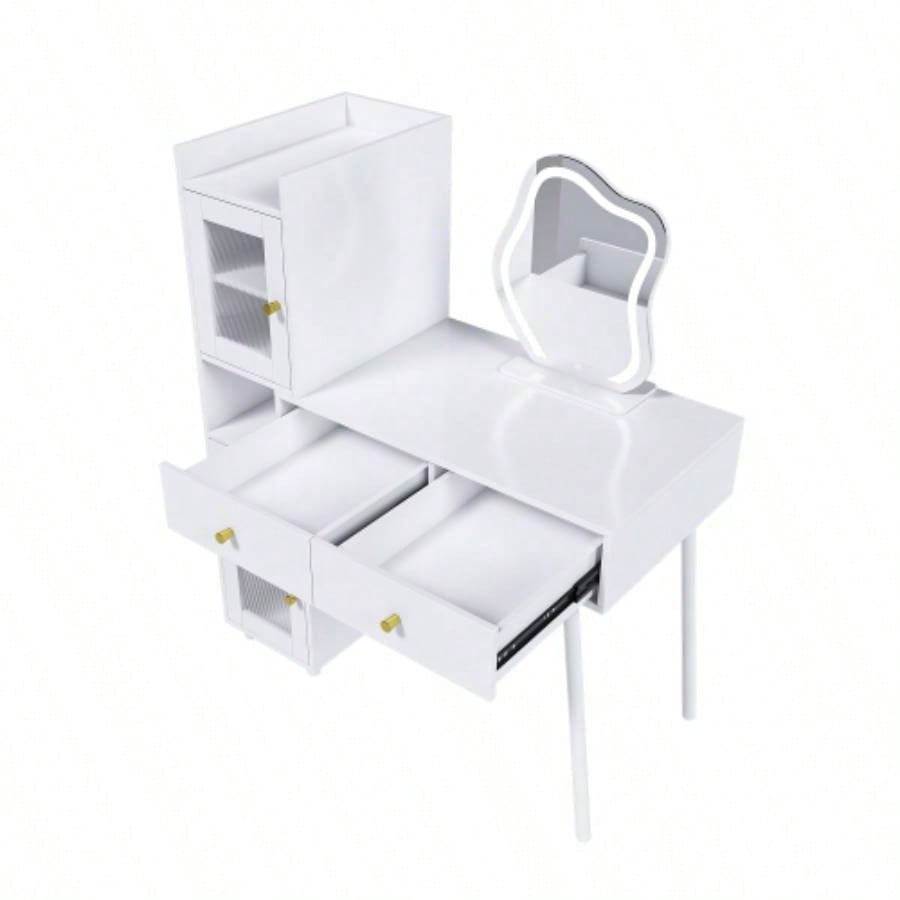 Vanity Dressing Table with LED Mirror Storage - White Makeup Desk Features 3 Drawers, 2 Open Shelves 4 Hidden Cabinets Transparent Doors - 3 Adjustable Lighting Modes - Bedroom or Livi