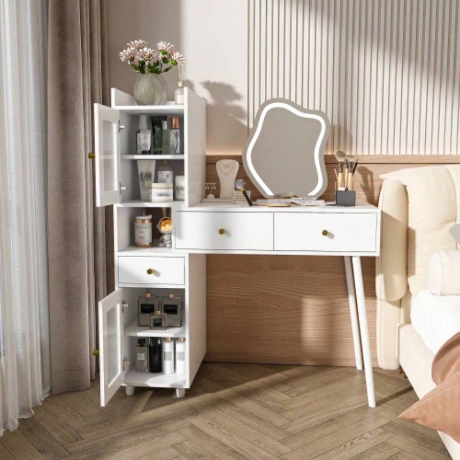 Vanity Dressing Table with LED Mirror Storage - White Makeup Desk Features 3 Drawers, 2 Open Shelves 4 Hidden Cabinets Transparent Doors - 3 Adjustable Lighting Modes - Bedroom or Livi