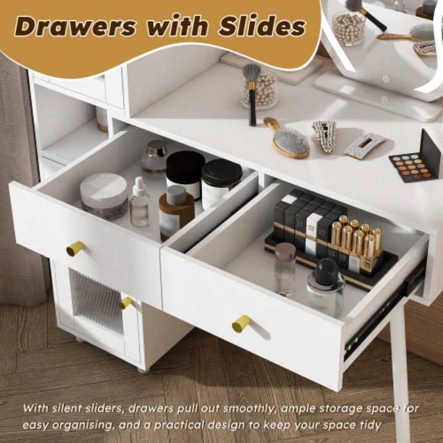 Vanity Dressing Table with LED Mirror Storage - White Makeup Desk Features 3 Drawers, 2 Open Shelves 4 Hidden Cabinets Transparent Doors - 3 Adjustable Lighting Modes - Bedroom or Livi