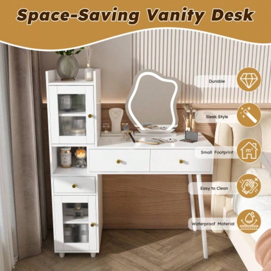 Vanity Dressing Table with LED Mirror Storage - White Makeup Desk Features 3 Drawers, 2 Open Shelves 4 Hidden Cabinets Transparent Doors - 3 Adjustable Lighting Modes - Bedroom or Livi