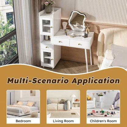 Vanity Dressing Table with LED Mirror Storage - White Makeup Desk Features 3 Drawers, 2 Open Shelves 4 Hidden Cabinets Transparent Doors - 3 Adjustable Lighting Modes - Bedroom or Livi