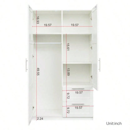 High wardrobe and kitchen cabinet with 2 doors, 2 drawers and 5 storage spaces, white