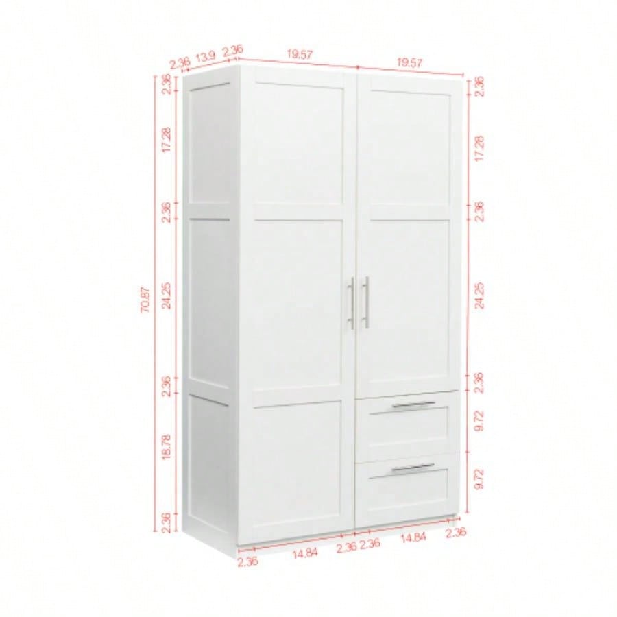 High wardrobe and kitchen cabinet with 2 doors, 2 drawers and 5 storage spaces, white