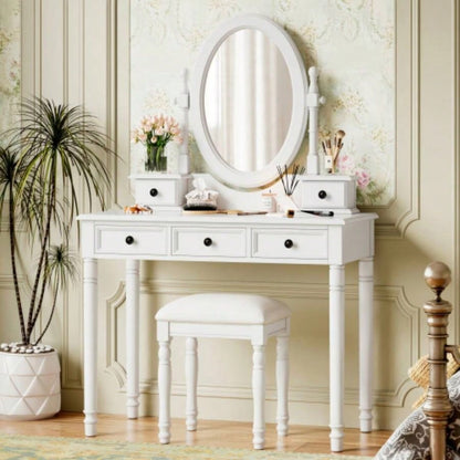 Vanity Desk with Adjustable Angle Mirror, Vintage Vanity Makeup Table and Cushioned Stool Set with Velvet Fabric Lining 5 Drawers, Wooden Dressing Table Set Bedroom, White