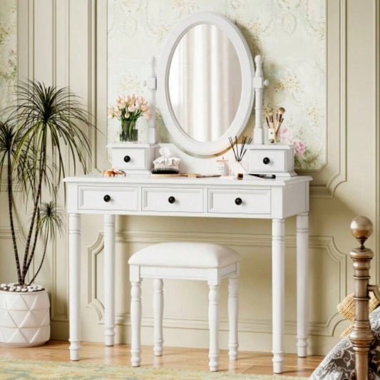 Vanity Desk with Adjustable Angle Mirror, Vintage Vanity Makeup Table and Cushioned Stool Set with Velvet Fabric Lining 5 Drawers, Wooden Dressing Table Set Bedroom, White