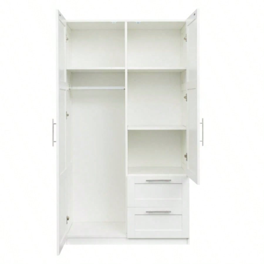 High wardrobe and kitchen cabinet with 2 doors, 2 drawers and 5 storage spaces, white