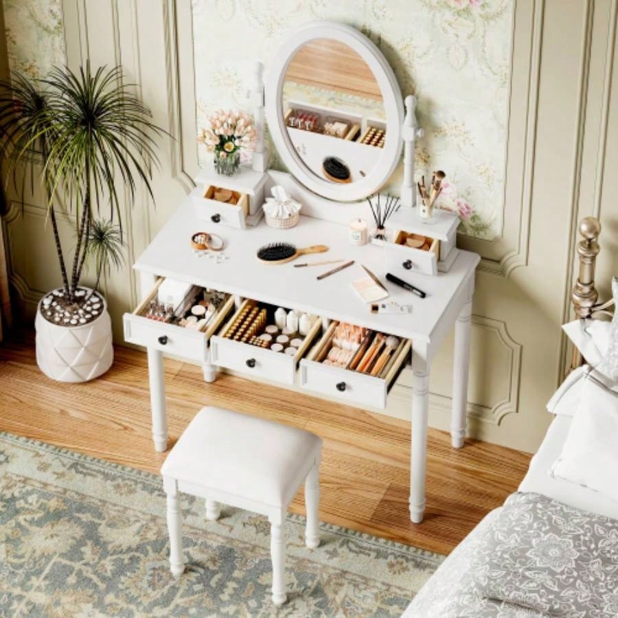 Vanity Desk with Adjustable Angle Mirror, Vintage Vanity Makeup Table and Cushioned Stool Set with Velvet Fabric Lining 5 Drawers, Wooden Dressing Table Set Bedroom, White